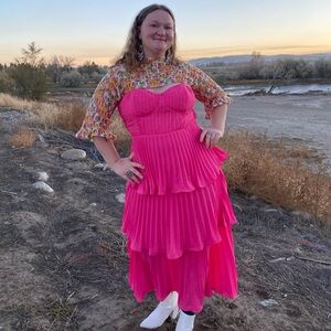 Hot Pink Bustier Pleated Tiered Chiffon Midi Dress 🌿